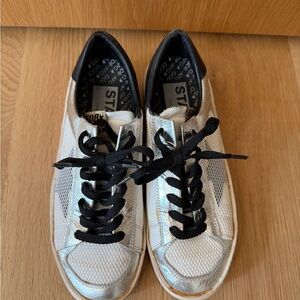 Golden Goose White Silver, and Black Sneakers